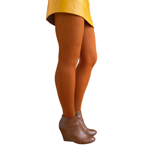 Orange Rust Herringbone Patterned tights for Women